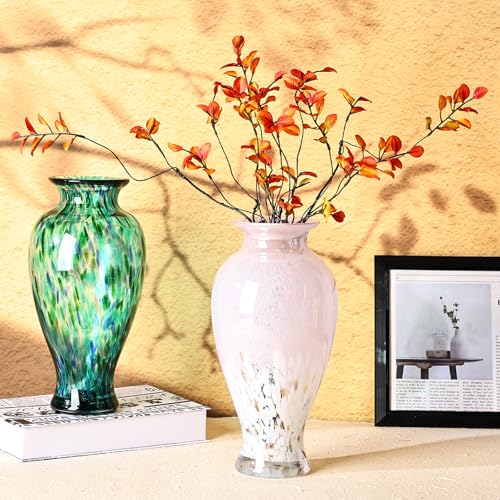 11.8" Tall Pink Glass Vase Beautiful Hand Blown Glass Vase Modern Art Home Decor, Wide Mouth Colorful Vases for Mantle Dining Table Centerpiece, Entryway Living Room Wedding Decoration - color: Pink
