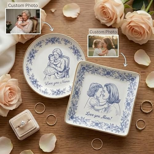 Personalized Heart Jewelry Dish Custom Mom Daughter Sketch Ring Tray Hand-Drawn Floral Ceramic Trinket Bowl Mother's Day Keepsake Unique Birthday Present for Nana Grandma Engraved Vanity Organizer - color: Design 02