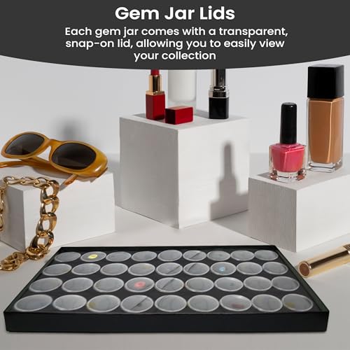 Novel Box Jewelry Display Tray Black Wood 8.25 x 14.75 x 1 Large Jewelry Tray with 36 Gem Jars Insert | Rectangular Display Trays for Collectibles | Rock Collection Tray | Gem Display Tray - color: 36-Gem Jars Black Foam Liner, size: Wood Tray: 8.25 x 14.