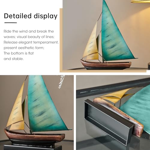 Vintage Sailboat Statue Decor for Living Room, Metal Boat Sculptures Decorations for Dining Room Office, Nautical Home Décor Accents for Shelf Bookshelf Coffee Table TV Stand (Yellow and Blue) - color: Yellow and Blue