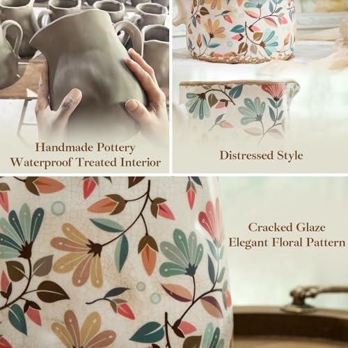 Vintage Colorful Flower Ceramic Vase with Handle, Retro Ice Glazed Crack Farmhouse Pitcher Vase for Home Decor, Living Room, Shelf, Office, Rustic Table Centerpiece 9 Inch - color: Phoenix Tail Flower, size: Large Pitcher
