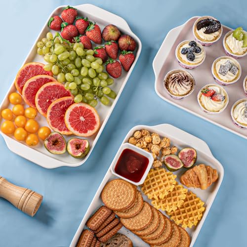Dizada Large Serving Platter with Handles 16"x9" - White Porcelain Serving Trays Set of 3, Rectangular Platters for Entertaining, Party, Appetizer, Charcuterie