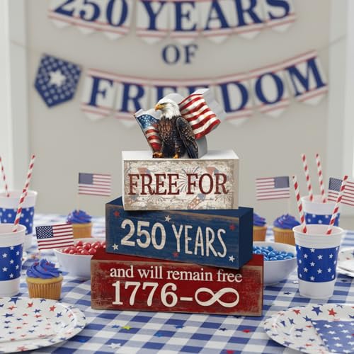 CroBlissful 4 Pcs 250th Anniversary 4th of July Decorations Patriotic Memorial Day Tabletop Decorations America Eagle Red White Blue Table Centerpieces USA Sign for Office Tiered Tray Home Shelf - style: 250 Years