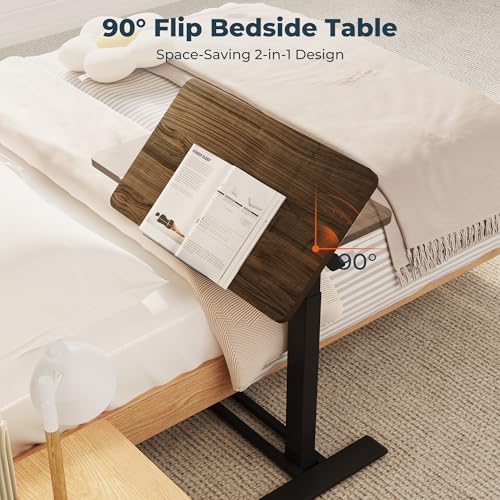 Medical Adjustable Overbed Bedside Table with Casters 90° Tilting Desktop, Pneumatic Mobile Laptop Computer Standing Desk Cart with Tray, Hospital Table(31.5" W x 17.7" D, Mahogany) - color: Mahogany, size: 3218