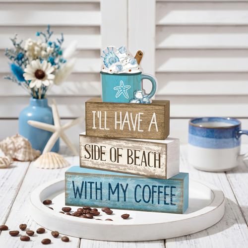 Lineshading 4 Pcs Summer Table Decorations Beach Coffee Bar Wooden Block Sign Blue Rustic Coastal Tiered Tray Decor with Coffee Cup Summer Centerpieces Decor for Beach Nautical Party Office Home - style: Beach