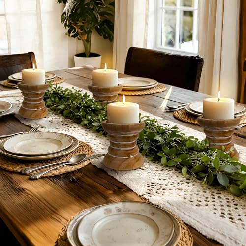Pillar Candle Holder, Farmhouse Wood Candle Holder, Rustic Wooden Candle Stand, Vintage Small Wooden Candlestick Holders for Living Room, Table Centerpiece, Brown(4PCS) - color: Washedbrown, size: 4"H（4PCS）