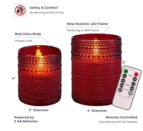VENTA Set of 2 Red Glass Flameless Candles with Remote | Dimmable Flickering Votives, Ideal for a Romantic Dinner, Anniversaries, and Home Ambiance | Decorative Table Lamp - color: Dotted Glass Red