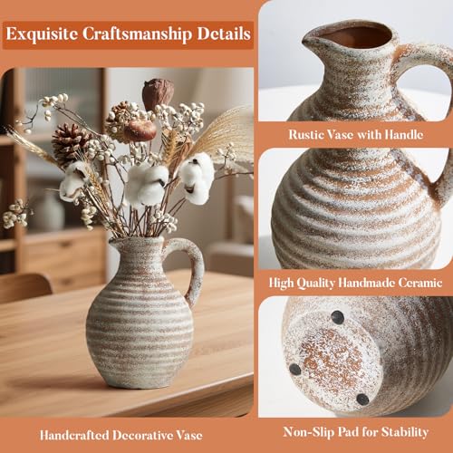 Ceramic Flower Vase Rustic Terracotta Vase with Handles Neutral Clay Pitcher Antique Vase for Home Decor,8 Inch Farmhouse Boho Vases for Living Room,Dining Table,Enterway,Shelf,Fireplace - size: 8''