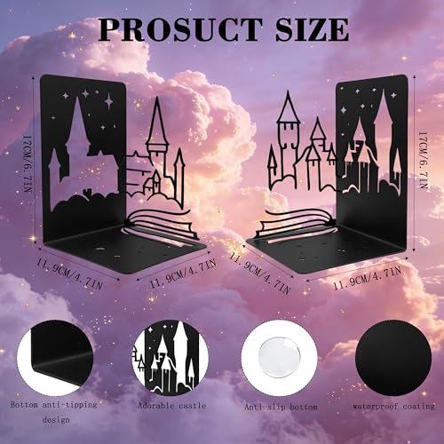 Matte Black Iron Decorative Bookends for Shelves, Fantasy Castle Book Ends for Heavy Books, Unique Vintage Bookends for Kids Books, Metal Book Holders for Bookshelf Decor - color: Fantasy Castle
