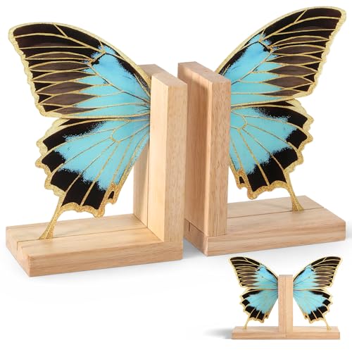 Decorative Butterfly Bookends Wooden Acrylic Butterflys Bookend Modern Bookshelf Decor Accent Book Stopper Decor for Home Farmhouse Shelves Office Lover Gift(Blue Butterfly) - style: Blue Butterfly