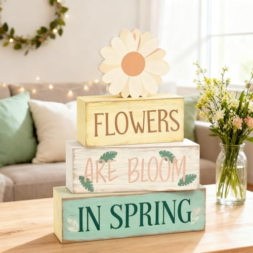 Spring Decoration Wooden Tiered Tray Decor – Daisy Flower Spring Stacked Block Sign – Farmhouse Tabletop Floral Spring Decor for Shelf Mantel Seasonal Home Display - style: Flower