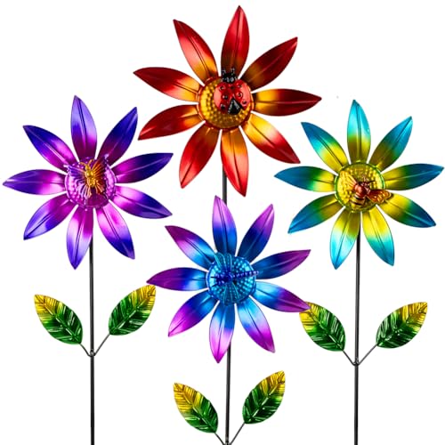 4 Packs Wind Spinner Outdoor, Pinwheels for Yard and Garden, Metal Flower Decorative Garden Stakes for Lawn Patio Porch Decor - size: Flowers-4Pack