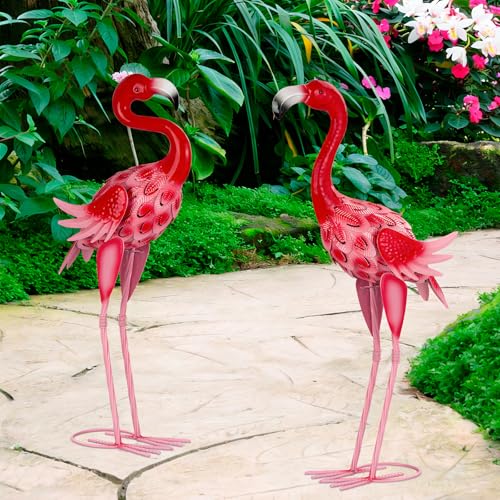 XONOR Metal Garden Flamingo Statues and Sculptures, Set of 2 Pink Outdoor Metal Flamingos Bird Art for Home Yard Patio Lawn Backyard Porch Decorations