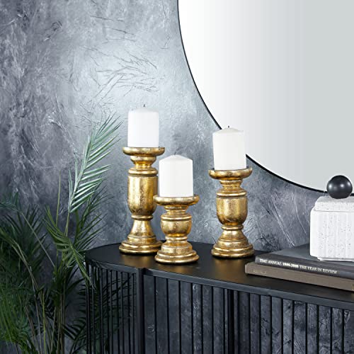 Deco 79 Mango Wood Decorative Candle Holder Turned Style Pillar Candle Stand, Set of 3 Candlestick Holder 10", 8", 6"H, Gold - color: Gold, size: 3 PIECES SMALL SIZE