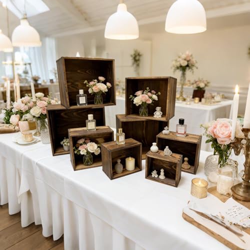 8 PCS Wooden Buffet Risers, Nesting Rustic Wood Display Stands, Multi-Size Dessert Table Display Set for Catering, Wedding & Party Events