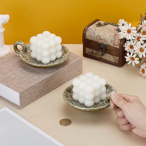 PH PandaHall 2pcs Vintage Ceramic Candle Tray, 4.9 inch Rustic Candle Holder Incense Holders with Handle Olive Green Plate Cup Holder for Tea Lights Pillar Candles Cup Home Decor Housewarming Decor - color: Green