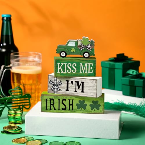 Yuntau 4 Pcs St Patricks Day Decorations Lucky Shamrock Wooden Sign Truck Table Centerpiece St Patricks Day Tiered Tray Decor Decorative Faux Book Stack Block for Fireplace Mantel Floating Shelf - style: Shamrock