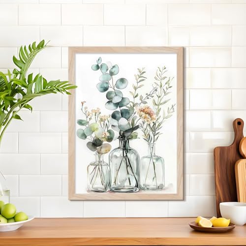 Framed Boho Eucalyptus Wall Art 2Pcs,Sage Green Plant and Flower in Glass Vase Canvas Prints, Minimalist Botanical Painting Picture, Nature Poster Artwork for Living Room,Bathroom, Kitchen Wall Decor 16X20IN - color: Boho Eucalyptus Framed, size: 20"L x 1