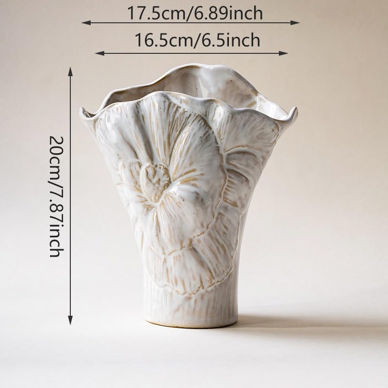 Handmade Vintage Ceramic Vase with Open Hand Drawn Beige Flower Pattern and Innovative Floral Design