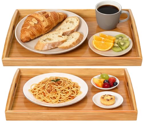 2-Pack Bamboo Serving Trays with Handles, 16" and 13", Decorative Food Tray Set for Breakfast, Coffee, Tea, Snacks, Ideal for Coffee Table, Ottoman, Living Room & Kitchen - style: 2 PACK-Square-16" X 11"