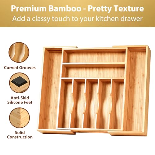 Umilife Large Expandable Kitchen Silverware Utensils Drawer Organizer, 2.5" Extra High Adjustable Drawer Divider with Curved Grooves, Bamboo Wood Cutlery Tray Flatware Holder - style: For Silverware (13"~20" x 17")