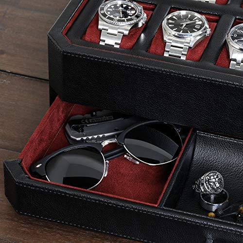 ROTHWELL 12 Slot Leather Watch Box with Valet Drawer - 12 Slot Luxury Watch Case Display Organizer, Microsuede Liner, Mens Accessories Holder, Jewelry Case, Jewelry Display Organizer (Black/Red) - color: Black/Red