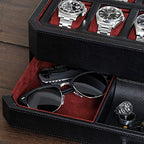 ROTHWELL 12 Slot Leather Watch Box with Valet Drawer - 12 Slot Luxury Watch Case Display Organizer, Microsuede Liner, Mens Accessories Holder, Jewelry Case, Jewelry Display Organizer (Black/Red) - color: Black/Red