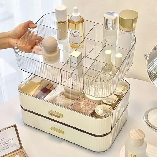 MIUOPUR Stackable Makeup Organizer Drawers, Bathroom Vanity Organizers and Storage, Ideal for Desk and Dresser Countertops, Great for Cosmetics, skincare, Lipsticks, Nail Care -Cream - color: Cream, size: Drawer Only