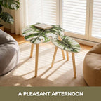 BAMEOS Monstera Leaf Nesting Tables Set of 2, Small Side Tables f Set with Leaf Vein Pattern, Modern Wooden CoffeeTables for Living Room Bedroom Apartment Balcony Yard - color: White Monstera