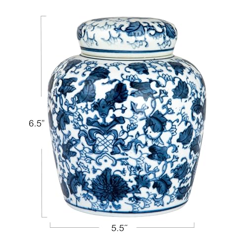 Creative Co-Op Blue & White Ceramic Ginger Jar with Lid - color: Blue & White, size: 6.5" High