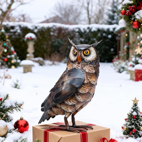 Natelf Garden Owl Sculptures & Statues, Standing Metal Bird Yard Art Sculpture for Patio Backyard Pond Outdoor Decorations (Brown-1) - color: Brown-1