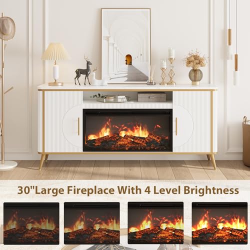 Fluted Fireplace TV Stand Up to 80" TVs, Modern Entertainment Center with 30" Electric Fireplace, Luxury Media Console with Adjustable Shelves for Living Room, White - color: White