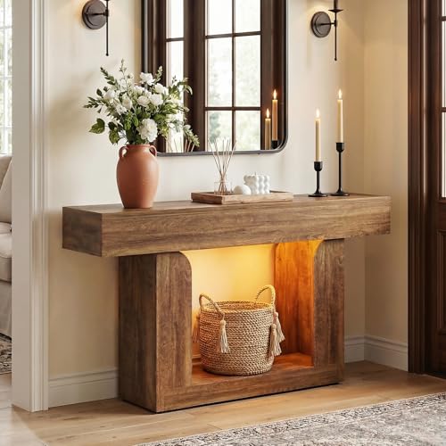 Homieasy Console Table, 47" Entryway Table with LED Lights & Charging Station, Farmhouse Wooden Sofa Table Behind Couch, Narrow Hallway Table for Living Room, Foyer, Entry, Rustic Oak - color: Rustic Oak, size: 47.2"