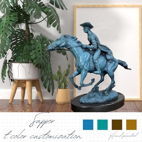 Famous Western Sculpture-Bronze Horse Statue Western Cowboy Horse Rodeo Rider with Marble Base Collectible Figurines Office Home Decor Art Bronze Sculptures - color: Blue-oval Base