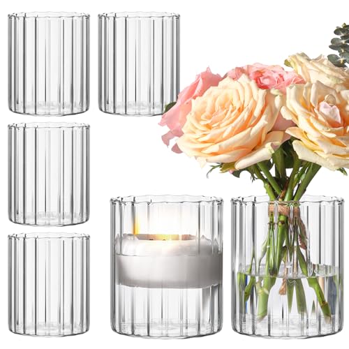 ComSaf 6pcs Mini Glass Cylinder Vases 3.9 Inch Tall, Small Vase for Flowers, Short Ribbed Vases for Centerpieces, Clear Hurricane Glass Candle Holders for Table Party Home Decor - size: 4 Inch Tall (Uniform)