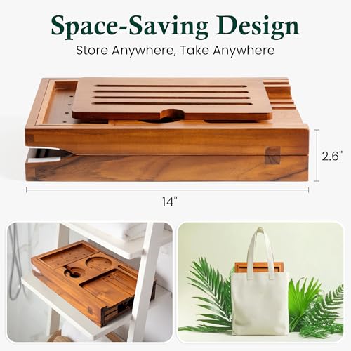 Teak Bathtub Tray, Bath Caddy with Wine Glass Holder, Phone Dock & Book Stand | Hands-Free Reading & Ultimate Spa Relaxation Experience-Natural - color: Classic Teak Finish