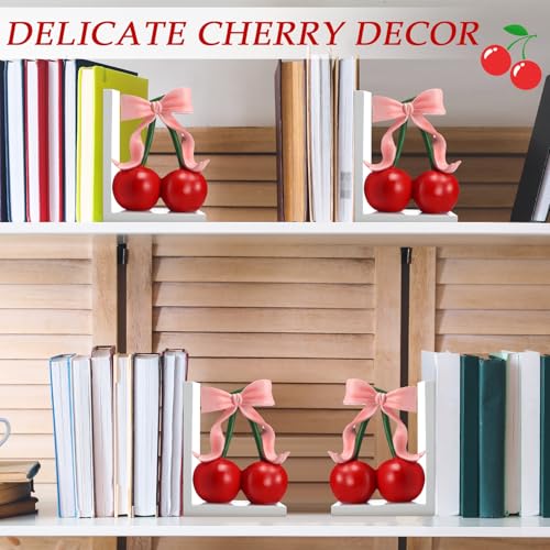 2 Pcs Pink Bow Cherry Bookends Wooden Pink Bookends Shelves Coquette Room Decor Cute Cherry Figurine Book Ends Bow Nursery Decoration for Bedroom Home Office Nursery Birthday Gift - style: Cherry