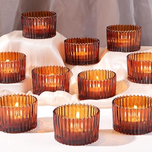 HAVITI 24 Pcs Large Tea Light Holders, Amber Glass Candle Holders, Votive Candle Holders for Table Centerpiece Wedding Table Decor - color: Amber