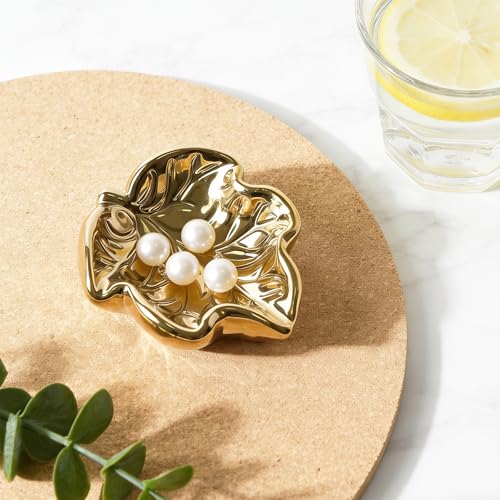 Jewelry Tray, Ceramic Leaves Jewelry Dish, Ring Holder Dish, Small Trinket Tray, Washable Key Bowl (1, Golden) - color: Golden