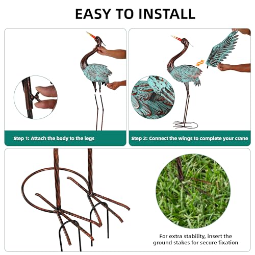 36.8" Extra-Large Blue Heron Decor, Handcrafted Metal Crane Statue with Stable U-Ground Stakes, Backyard Decoration, Metal Garden Bird Animal Yard Art, Lawn Ornament Decor - color: 36" -Distressed Patina Green