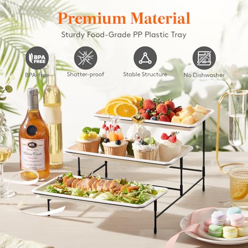 Lifewit 3 Tier Serving Tray, 30 x 17 cm/12 x 6.5" White Plastic Tiered Food Serving Platters, Tiered Tray Stand for Party with Black Collapsible Metal Stand, Dessert Display Stand for Cookies/Crackers - size: 12" x 6.5", style: Basic
