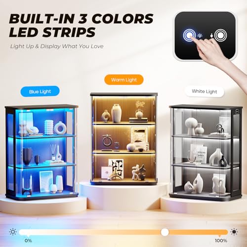 BROTTAR Rounded Display Cabinet with Glass Door, 3-Tier Curio Cabinet with 3 Color Lights for Collectibles, Glass Display Case with Transparent Full-Display Surface, Human Body Sensor, Black - color: Black