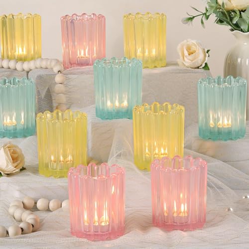 HAVITI Glass Pink Votive Candle Holder, Blue Baby Shower Ribbed Frosted Votive Candle Holders Set of 12, Mixed Color Tealight Candle Holder for Wedding Centerpieces Dinner Party Table Decor - color: Pink&blue&yellow