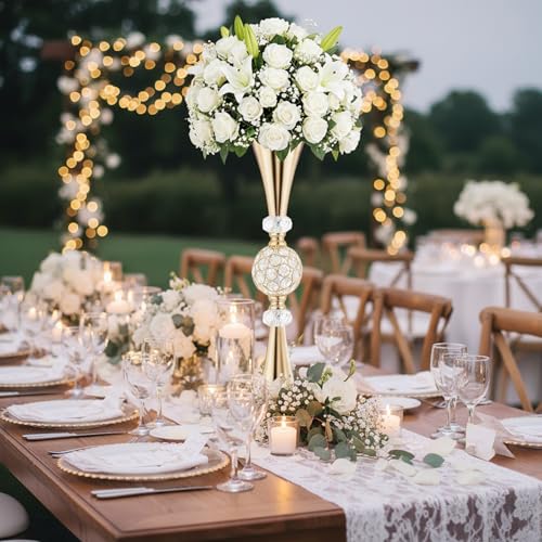 Crystal Gold Flower Vases for Centerpieces: Metal Trumpet Vases for Table, Elegant Flower Stands with Crystal Ball - Floral Decorations for Events Christmas Wedding Home Decor (Gold, 27.6in-2pcs) - size: 27.6in-2pcs