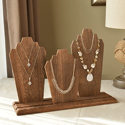 MOOCA Portable Lightweight Multiple Wooden Necklace Display Stand with 2-Row Holder, 3 Removable Displays, and Pegs on the Back, Brown Color