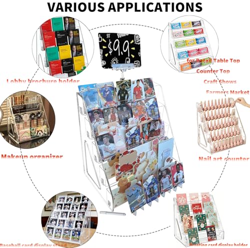 5-Tier Clear Acrylic Display Stand | No-Tool Snap-On Assembly | Portable Holder for Graded Sports Cards (PSA/BGS/SGC Slabs), Stickers, Stamps | Tabletop Organizer for Vendor Events, Retail Stores