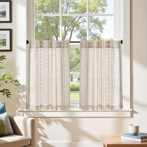 jinchan Boho Kitchen Curtains 24 Inch Grey Linen Tier Curtains with Geometric Pattern Bohemian Cafe Small Light Filtering Window Treatment for Living Room RV Back Tab 2 Panels Grey on Linen - color: Liora | Grey on Linen, size: 26"W x 24"L (Pack of 2)