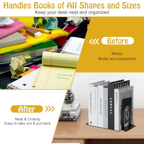 14 PCS/7 Pair Black Metal Bookends, 6.5 x 4.9 x 5.7in Heavy Duty, Non-Skid, Universal Book Stopper