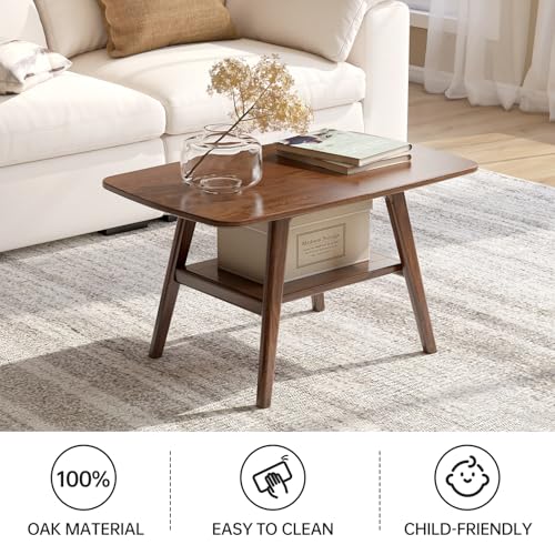 100% Solid Oak Wood Coffee Table for Living Room, 2-Tier Small Table with Storage Shelf, Mid Century Modern Coffee Tables (Walnut, 31.49" x 19.68" x 17.32") - color: Walnut Colour, size: 31.49"W x19.68" D x 17.32" H