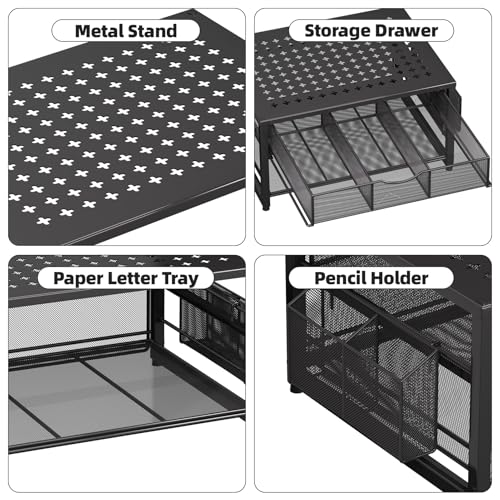 Marbrasse Metal Printer Stand for Desk with Storage Drawer and 2 Pen Holders, 2-Tier Desktop Organizer Printer Table for Home Office, Multi-Purpose Desk Organizer for Fax Machine Scanner Files(Black) - color: Black